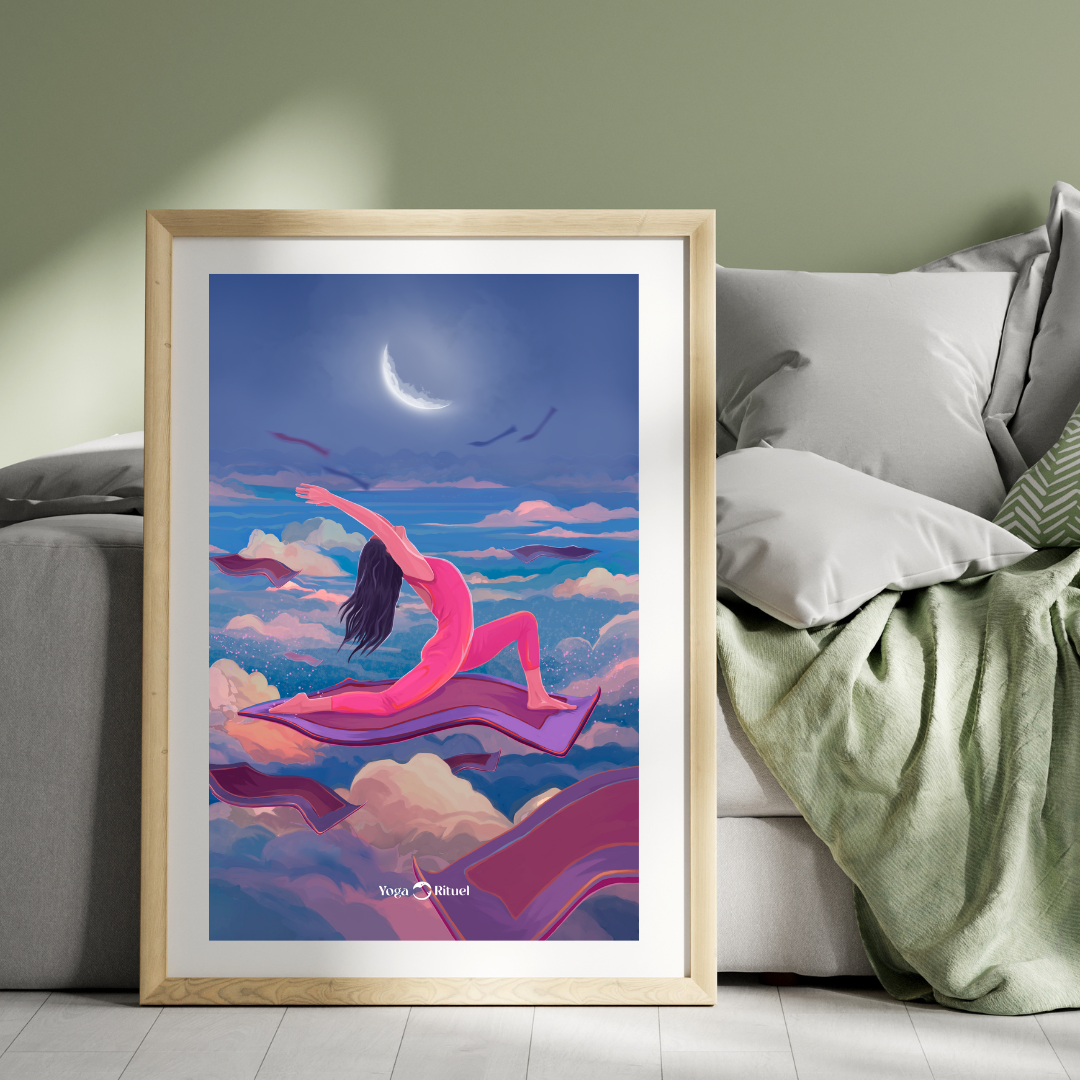 Poster Anjaneyasana - Posture du croissant de lune - Ambiance voyage céleste