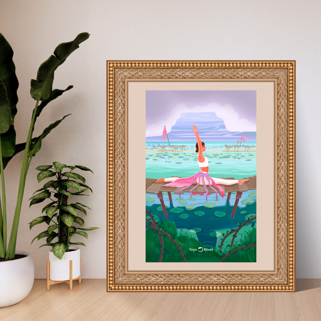 Poster Hanuman - Posture du grand écart - Ambiance ponton et nénuphars